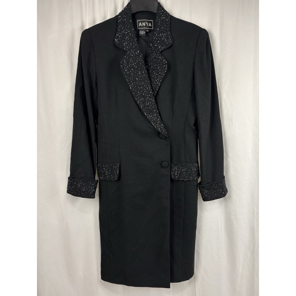 Vintage Anya Black Suit Jacket Dress Wool Embellished Collar Cocktail Formal